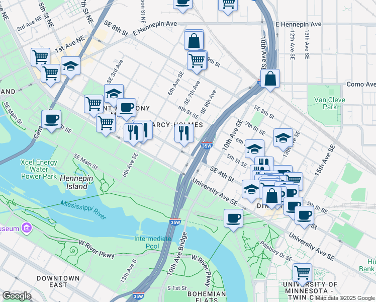 map of restaurants, bars, coffee shops, grocery stores, and more near 811 Southeast 4th Street in Minneapolis