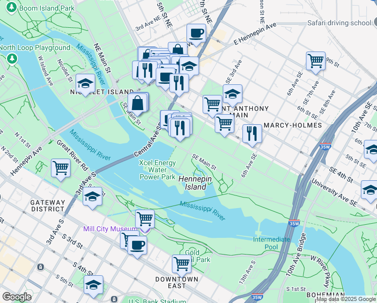 map of restaurants, bars, coffee shops, grocery stores, and more near 20 Southeast 3rd Avenue in Minneapolis