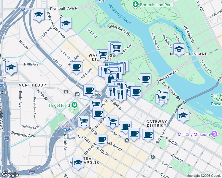 map of restaurants, bars, coffee shops, grocery stores, and more near 208 North Washington Avenue in Minneapolis