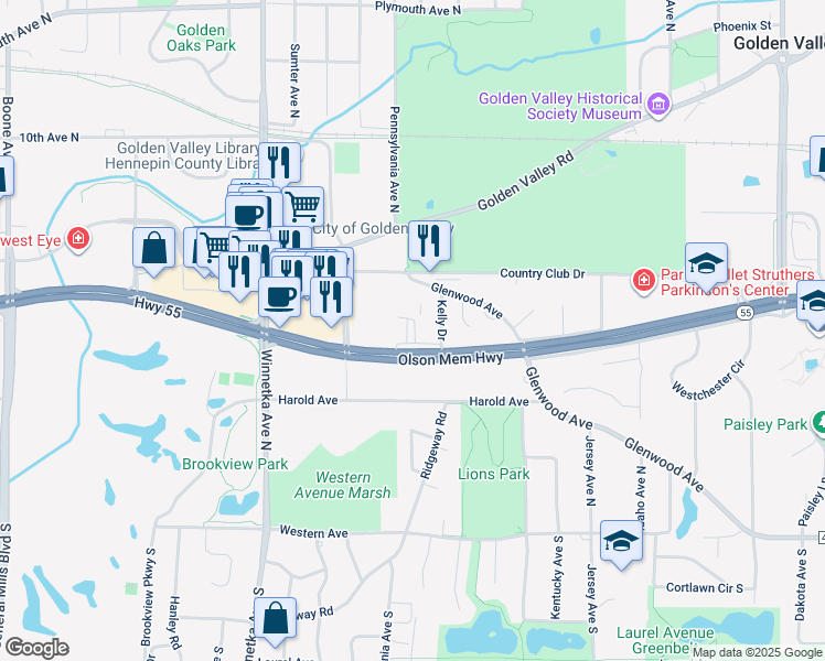 map of restaurants, bars, coffee shops, grocery stores, and more near 7450 Highway 55 in Minneapolis