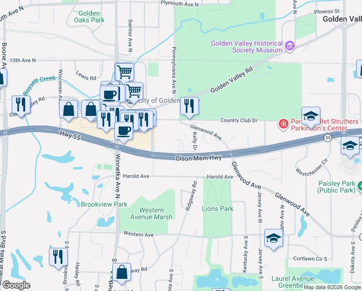 map of restaurants, bars, coffee shops, grocery stores, and more near 7450 Highway 55 in Minneapolis