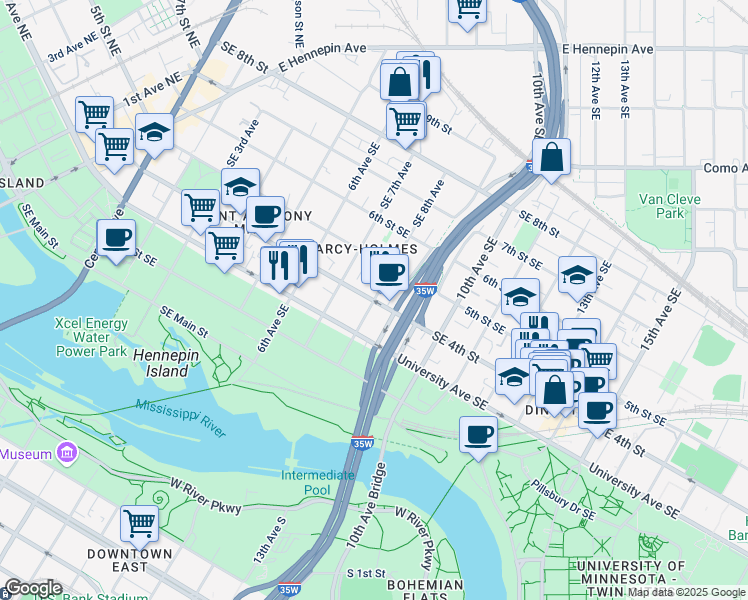 map of restaurants, bars, coffee shops, grocery stores, and more near 401 SE 8th Ave in Minneapolis