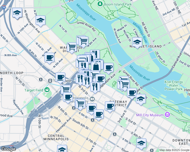map of restaurants, bars, coffee shops, grocery stores, and more near 109 North 2nd Street in Minneapolis