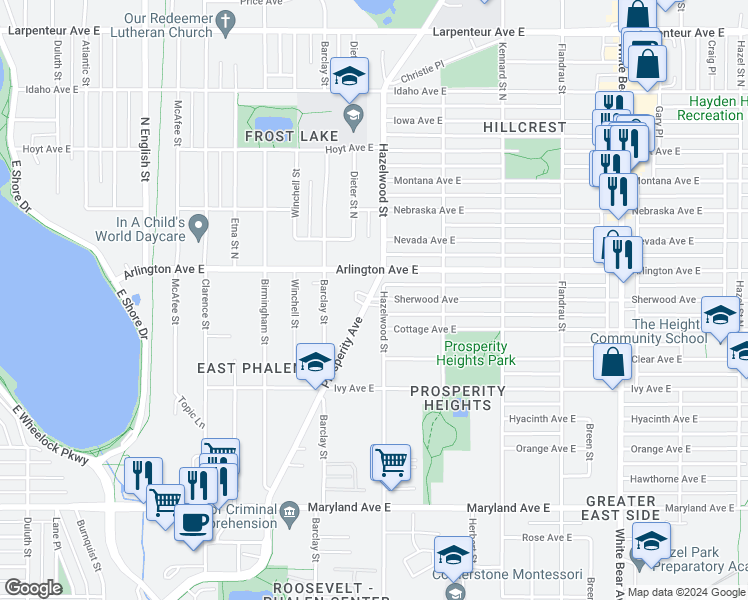 map of restaurants, bars, coffee shops, grocery stores, and more near 1525 Sherwood Avenue in Saint Paul