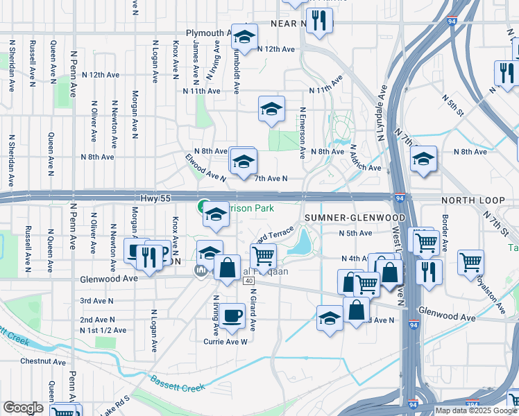 map of restaurants, bars, coffee shops, grocery stores, and more near 1301 Olson Memorial Highway in Minneapolis
