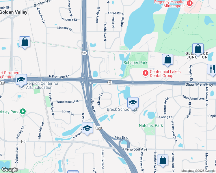 map of restaurants, bars, coffee shops, grocery stores, and more near 548 Cloverleaf Drive in Minneapolis