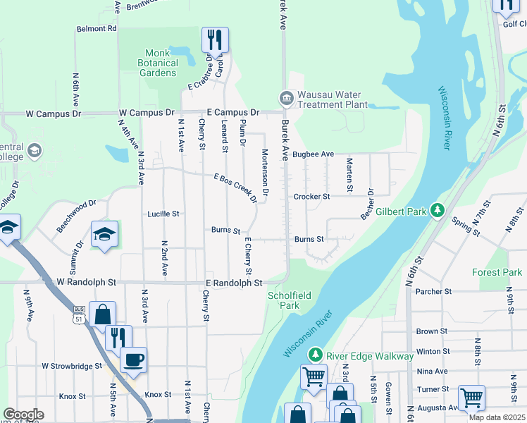 map of restaurants, bars, coffee shops, grocery stores, and more near 1601 East Bos Creek Drive in Wausau