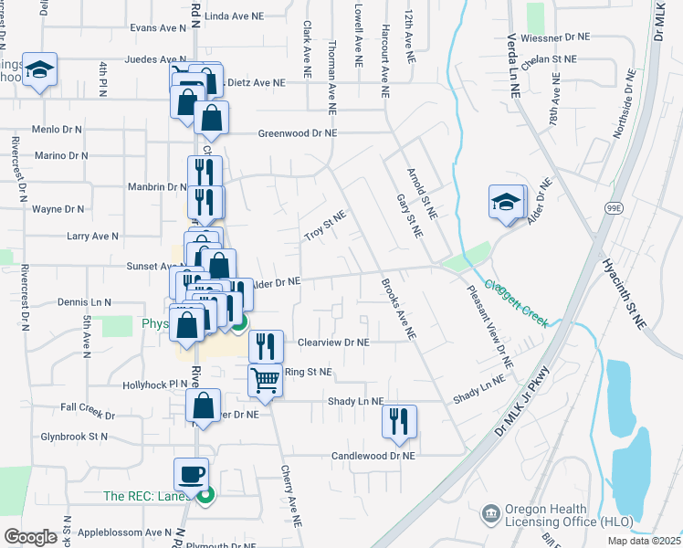 map of restaurants, bars, coffee shops, grocery stores, and more near 1310 Alder Drive Northeast in Keizer