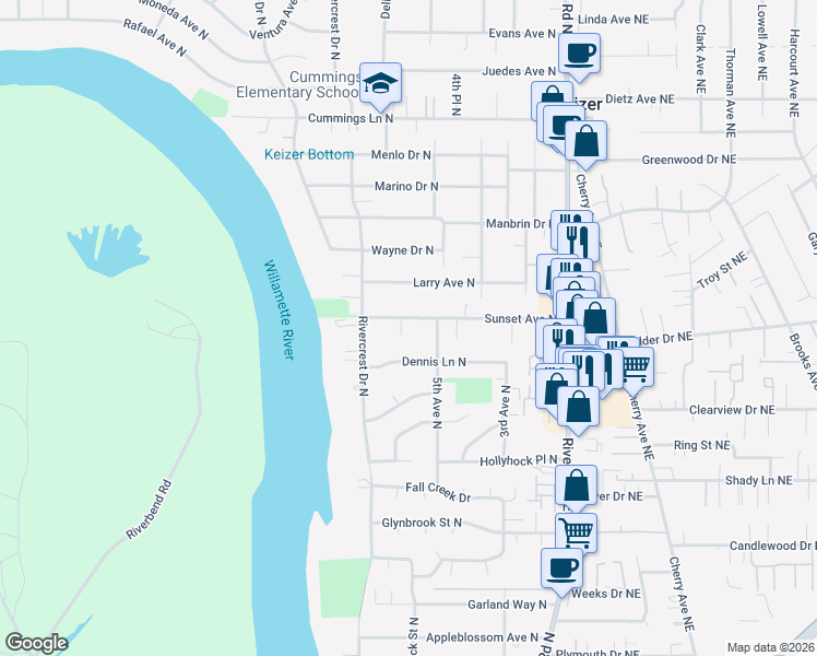 map of restaurants, bars, coffee shops, grocery stores, and more near 592 Sunset Avenue North in Keizer