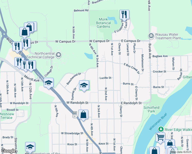 map of restaurants, bars, coffee shops, grocery stores, and more near 1524 North 3rd Avenue in Wausau