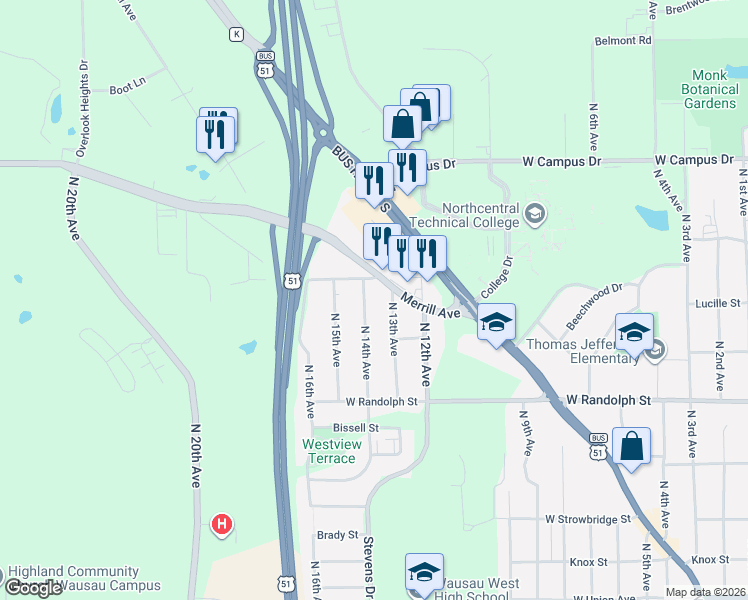 map of restaurants, bars, coffee shops, grocery stores, and more near 1515 North 14th Avenue in Wausau