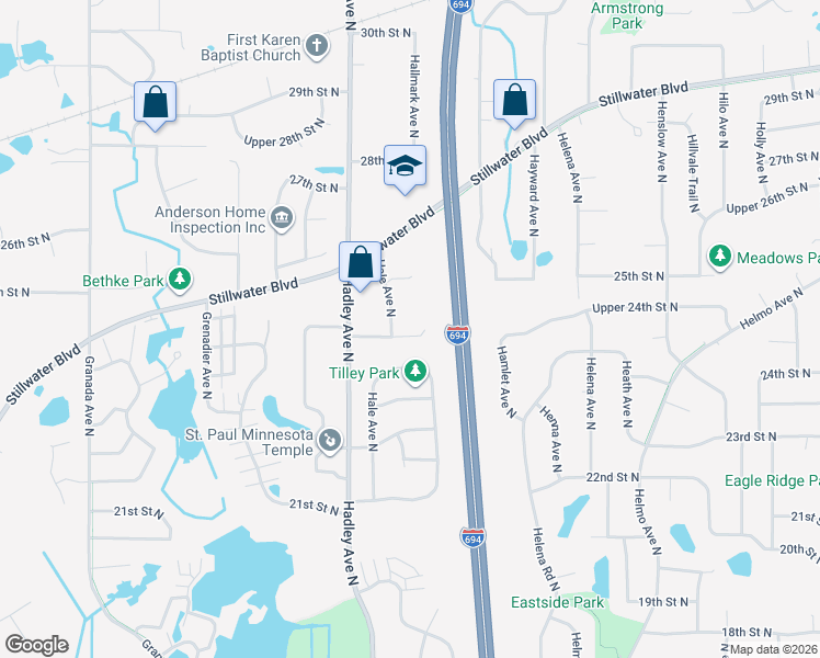 map of restaurants, bars, coffee shops, grocery stores, and more near 7059 24th Street North in Oakdale