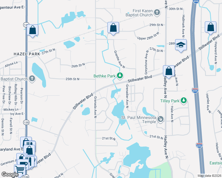 map of restaurants, bars, coffee shops, grocery stores, and more near 6594 Upper 23rd Street North in Oakdale