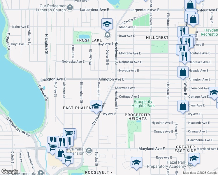 map of restaurants, bars, coffee shops, grocery stores, and more near 1530 Sherwood Avenue in Saint Paul