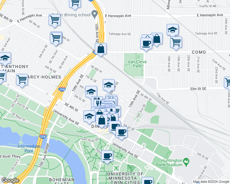map of restaurants, bars, coffee shops, grocery stores, and more near 1318 Southeast 7th Street in Minneapolis