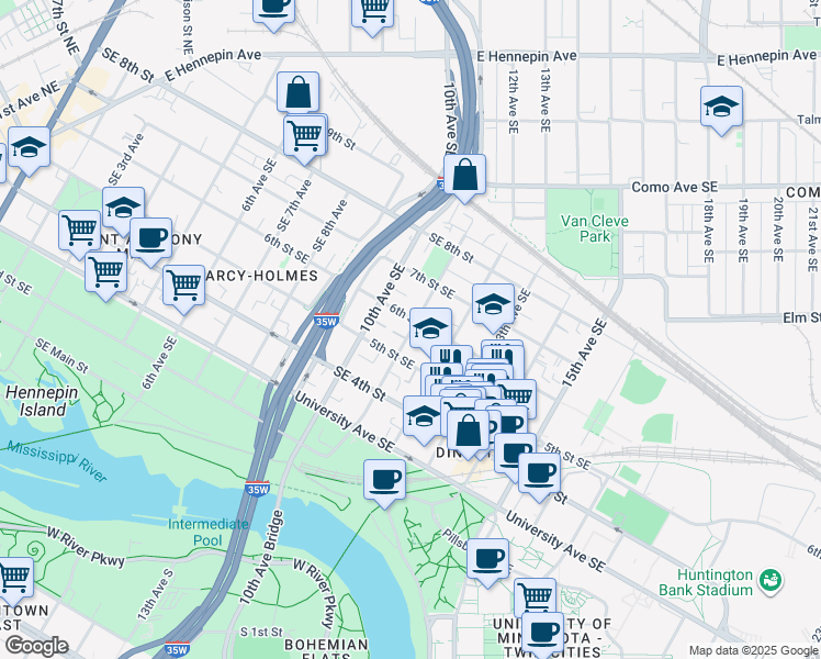 map of restaurants, bars, coffee shops, grocery stores, and more near 510 11th Avenue Southeast in Minneapolis
