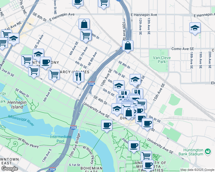 map of restaurants, bars, coffee shops, grocery stores, and more near in Minneapolis