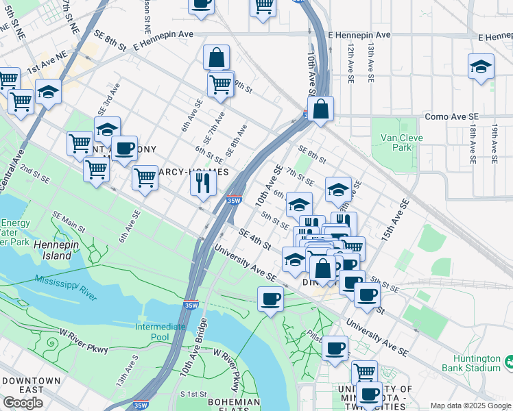 map of restaurants, bars, coffee shops, grocery stores, and more near in Minneapolis