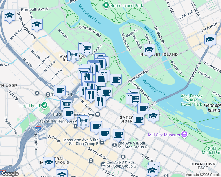 map of restaurants, bars, coffee shops, grocery stores, and more near 25 North 2nd Street in Minneapolis
