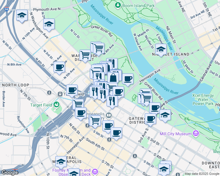 map of restaurants, bars, coffee shops, grocery stores, and more near in Minneapolis