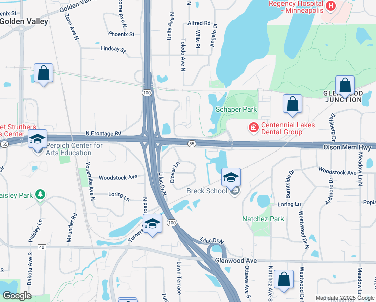map of restaurants, bars, coffee shops, grocery stores, and more near 548 Cloverleaf Drive in Minneapolis