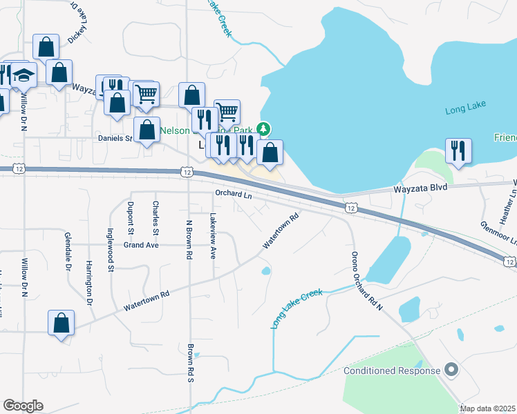 map of restaurants, bars, coffee shops, grocery stores, and more near 423 Dexter Drive in Long Lake
