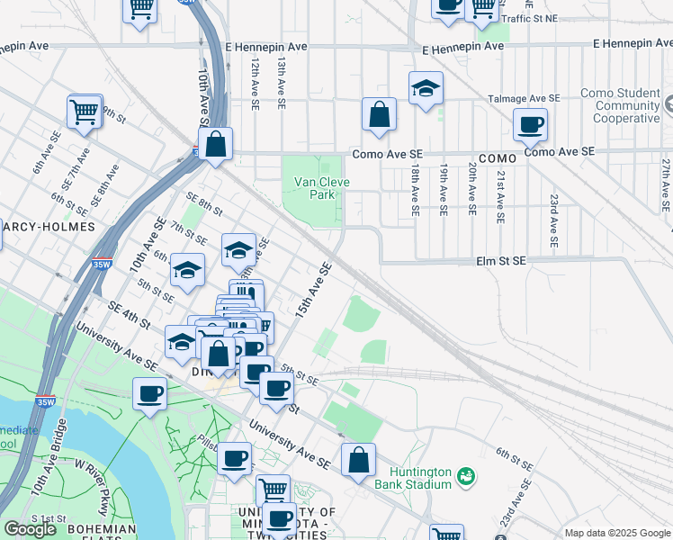 map of restaurants, bars, coffee shops, grocery stores, and more near 1503 8th Street Southeast in Minneapolis
