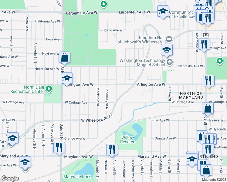 map of restaurants, bars, coffee shops, grocery stores, and more near 455 West Wheelock Parkway in Saint Paul