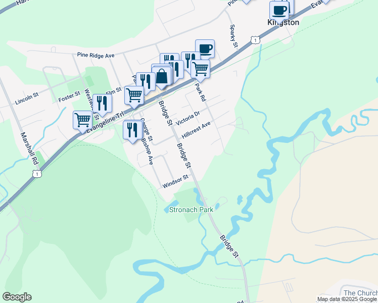 map of restaurants, bars, coffee shops, grocery stores, and more near 1466 Bridge Street in Kingston