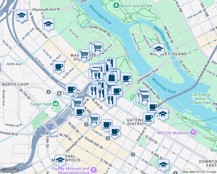 map of restaurants, bars, coffee shops, grocery stores, and more near 115 North 2nd Street in Minneapolis