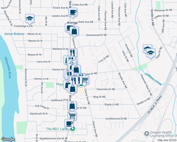 map of restaurants, bars, coffee shops, grocery stores, and more near 1007 Alder Drive Northeast in Keizer