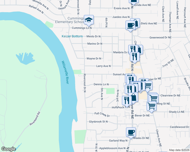 map of restaurants, bars, coffee shops, grocery stores, and more near 592 Sunset Avenue North in Keizer