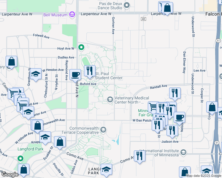 map of restaurants, bars, coffee shops, grocery stores, and more near 1954 Buford Avenue in Saint Paul