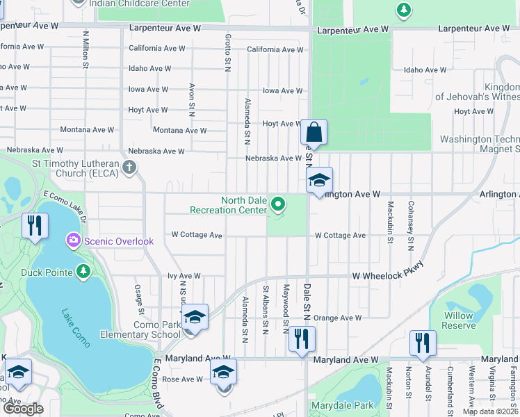 map of restaurants, bars, coffee shops, grocery stores, and more near 1403 Saint Albans Street North in Saint Paul