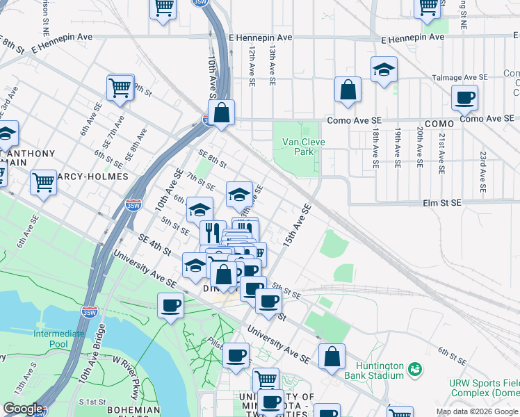 map of restaurants, bars, coffee shops, grocery stores, and more near 1318 Southeast 7th Street in Minneapolis