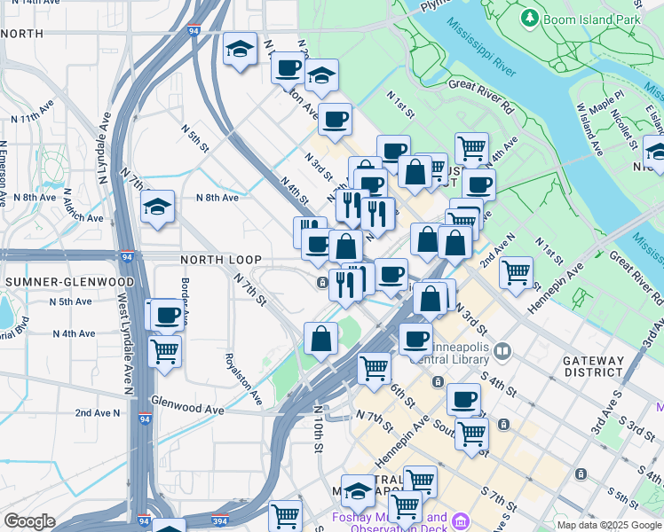 map of restaurants, bars, coffee shops, grocery stores, and more near in Minneapolis