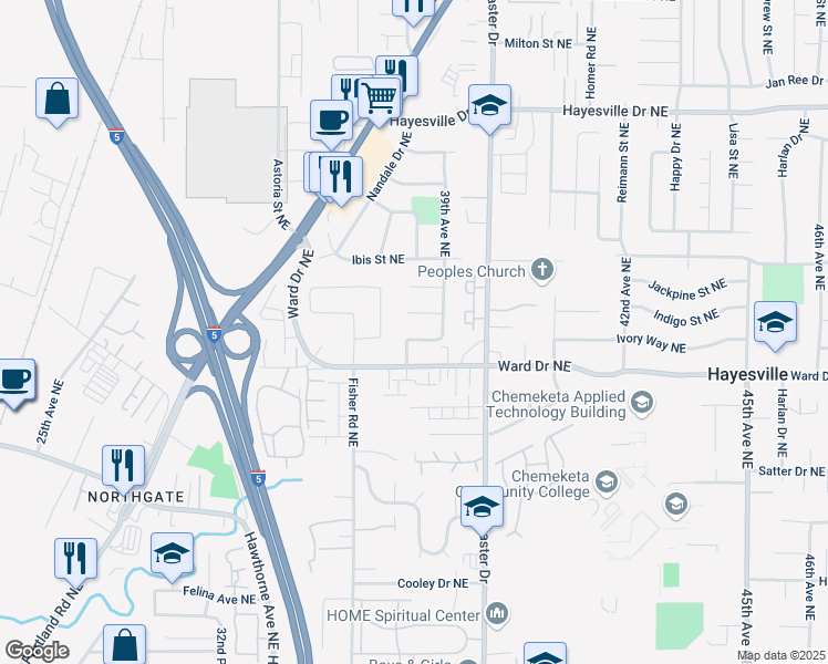 map of restaurants, bars, coffee shops, grocery stores, and more near 4407 Gladys Street Northeast in Salem