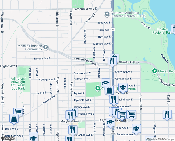 map of restaurants, bars, coffee shops, grocery stores, and more near 712 Sherwood Avenue in Saint Paul