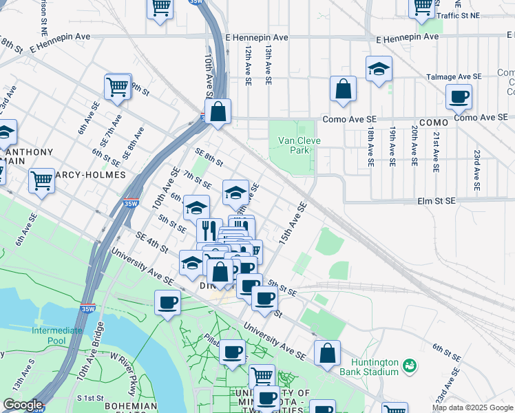 map of restaurants, bars, coffee shops, grocery stores, and more near 1318 Southeast 7th Street in Minneapolis
