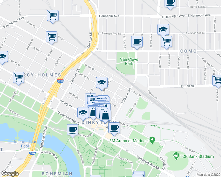 map of restaurants, bars, coffee shops, grocery stores, and more near 1318 Southeast 7th Street in Minneapolis
