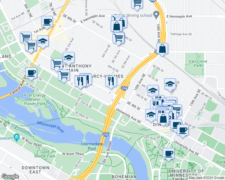 map of restaurants, bars, coffee shops, grocery stores, and more near 811 Southeast 4th Street in Minneapolis