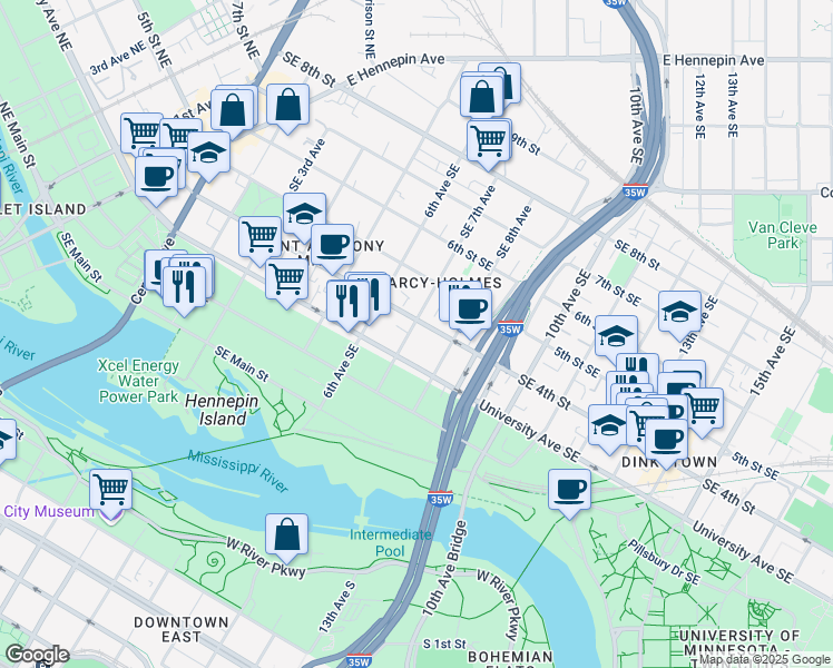 map of restaurants, bars, coffee shops, grocery stores, and more near 701 University Avenue Southeast in Minneapolis
