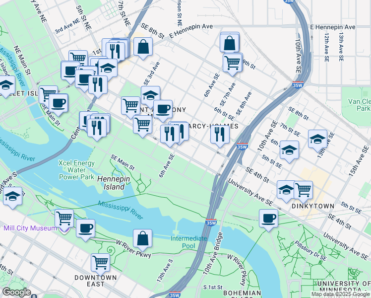 map of restaurants, bars, coffee shops, grocery stores, and more near 600 University Avenue Southeast in Minneapolis