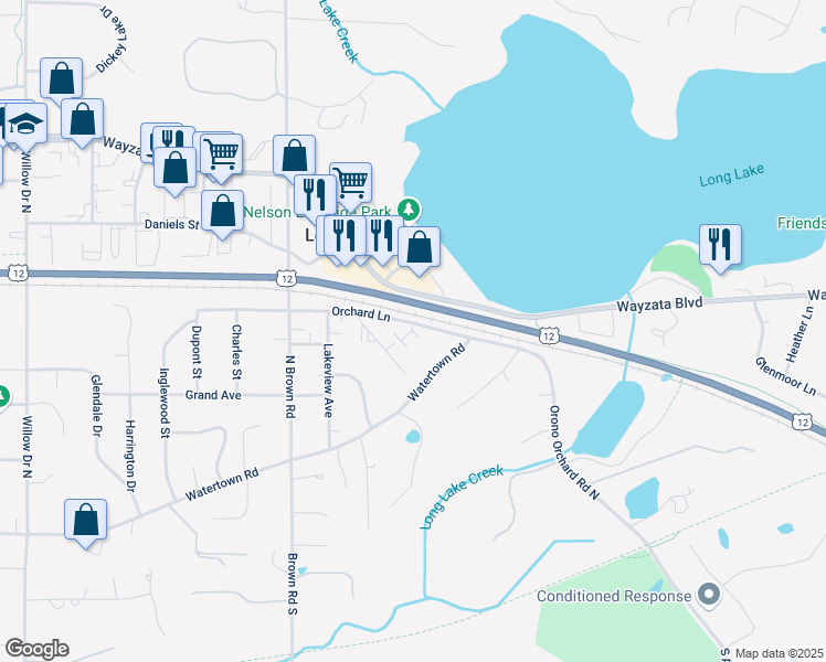 map of restaurants, bars, coffee shops, grocery stores, and more near 1794 May Street in Long Lake
