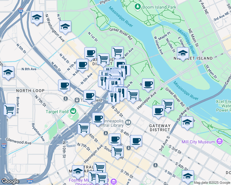 map of restaurants, bars, coffee shops, grocery stores, and more near 208 North Washington Avenue in Minneapolis