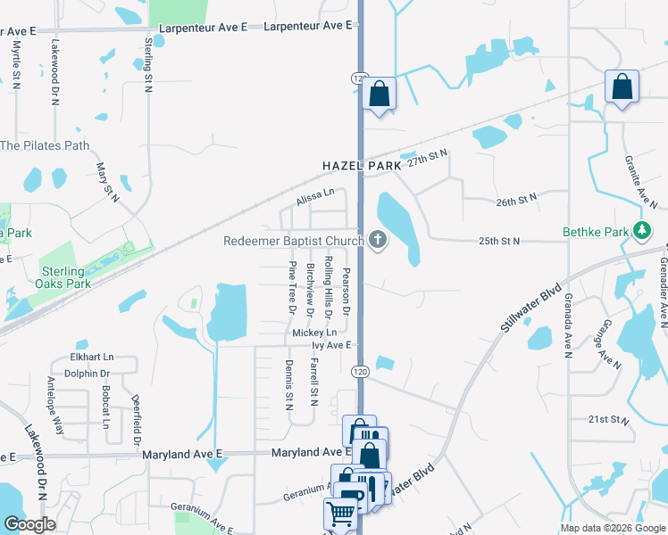map of restaurants, bars, coffee shops, grocery stores, and more near 1365 Rolling Hills Drive in Maplewood