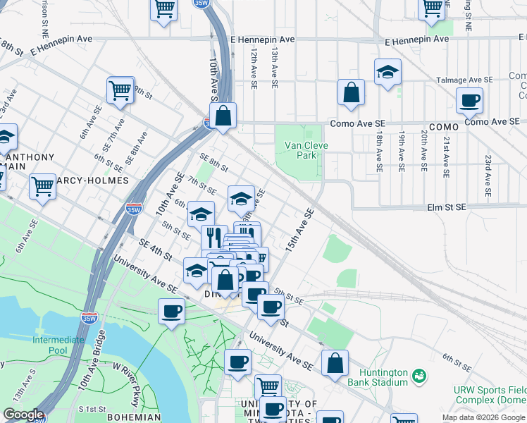 map of restaurants, bars, coffee shops, grocery stores, and more near 1318 Southeast 7th Street in Minneapolis