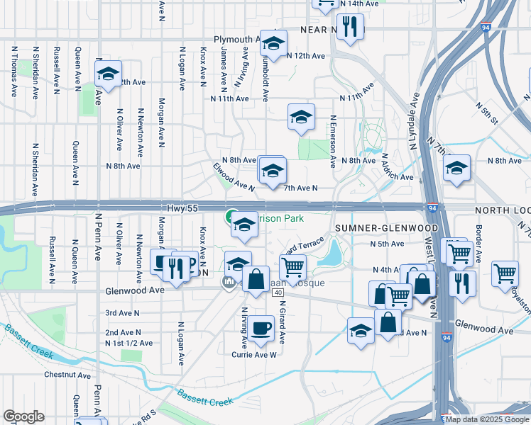 map of restaurants, bars, coffee shops, grocery stores, and more near 599 North Humboldt Avenue in Minneapolis