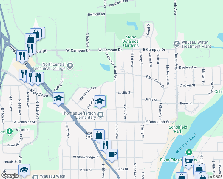 map of restaurants, bars, coffee shops, grocery stores, and more near 1524 North 3rd Avenue in Wausau