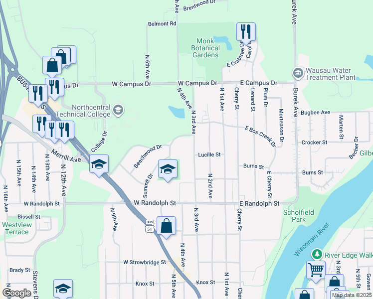 map of restaurants, bars, coffee shops, grocery stores, and more near 1524 North 3rd Avenue in Wausau